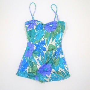Vintage M Tropical Modest Swim Suit Skirt Blue EUC